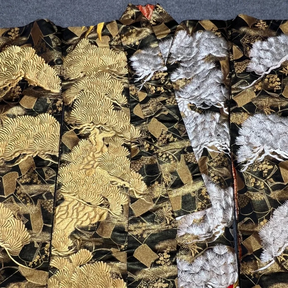 Vintage Japanese Silk Uchikake Kimono Black Gold Silver Crane Pine Embroidery
